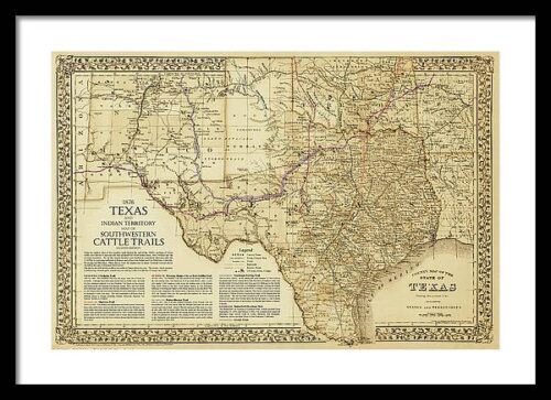 1876 Great Texas and Southwestern Cattle Trails Map Framed Print