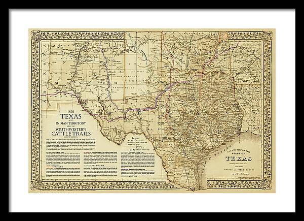 1876 Great Texas and Southwestern Cattle Trails Map Framed Print