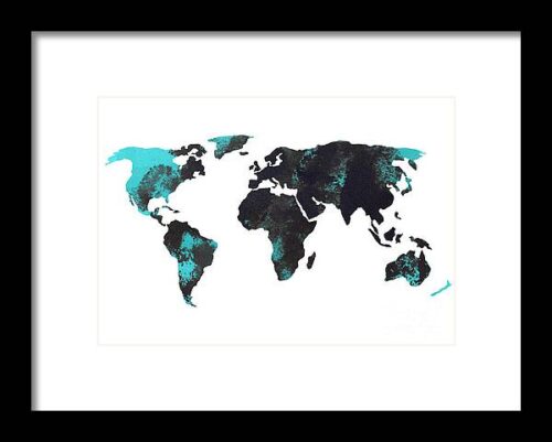 Blue world map watercolor painting Framed Print