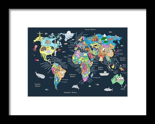 Educational Illustrated Map of the World for Kids Framed Print
