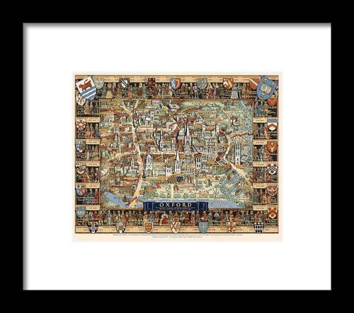 Vintage pictorial map of Oxford, England, featuring the university campus area Framed Print