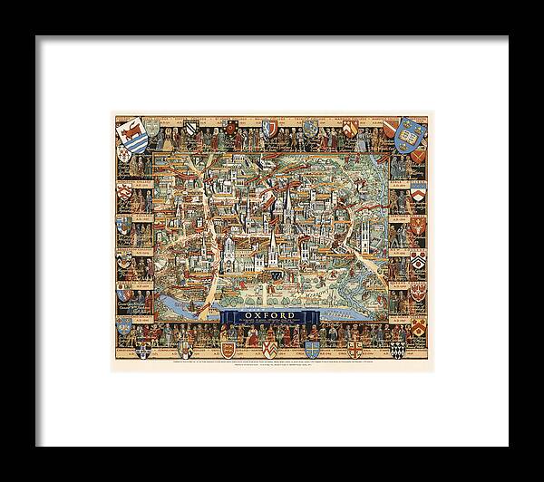 Vintage pictorial map of Oxford, England, featuring the university campus area Framed Print