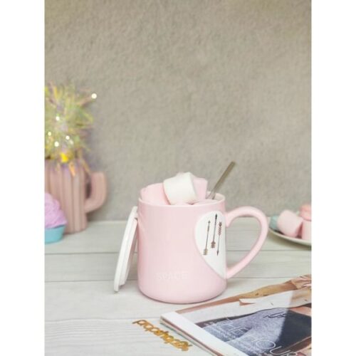 Coffee Mug With Lid And Spoon - Heart - Ceramic - Single Piece