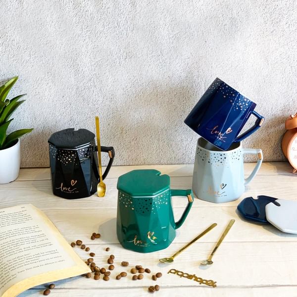 Coffee Mug With Lid And Spoon - Love - Gold Foil - Single Piece