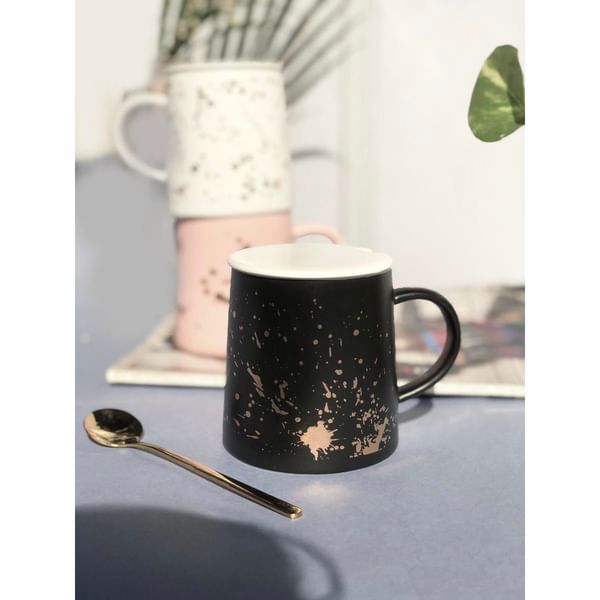 Coffee Mug With Lid And Spoon - Minimal Gold - Ceramic - Single Piece Coffee Mug With Lid And Spoon - Minimal Gold - Ceramic - Single Piece