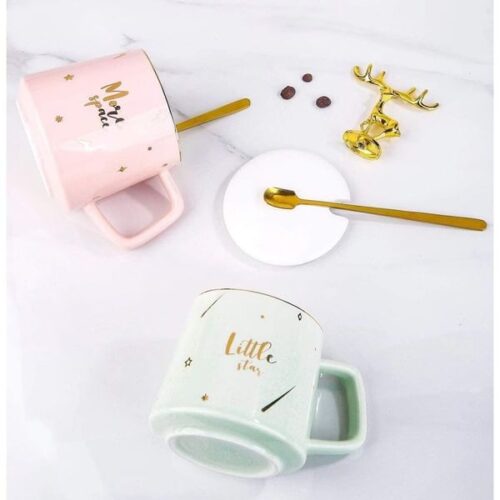Coffee Mug With Lid And Spoon - Pastel - Single Piece