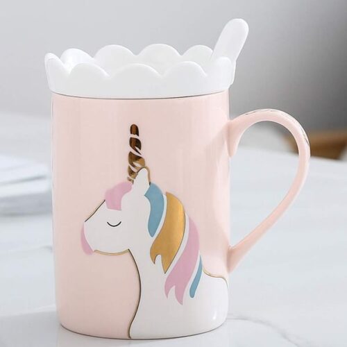 Coffee Mug With Lid And Spoon - Unicorn - Ceramic - Single Piece