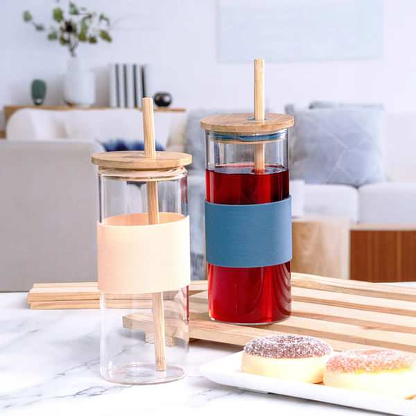 Glass Tumbler With Bamboo Straw And Lid - Assorted - Single Piece Glass Tumbler With Bamboo Straw And Lid - Assorted - Single Piece